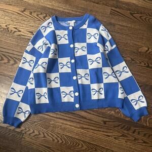 Blue white bow pattern gingham print Sincerely Jules cardigan sweater